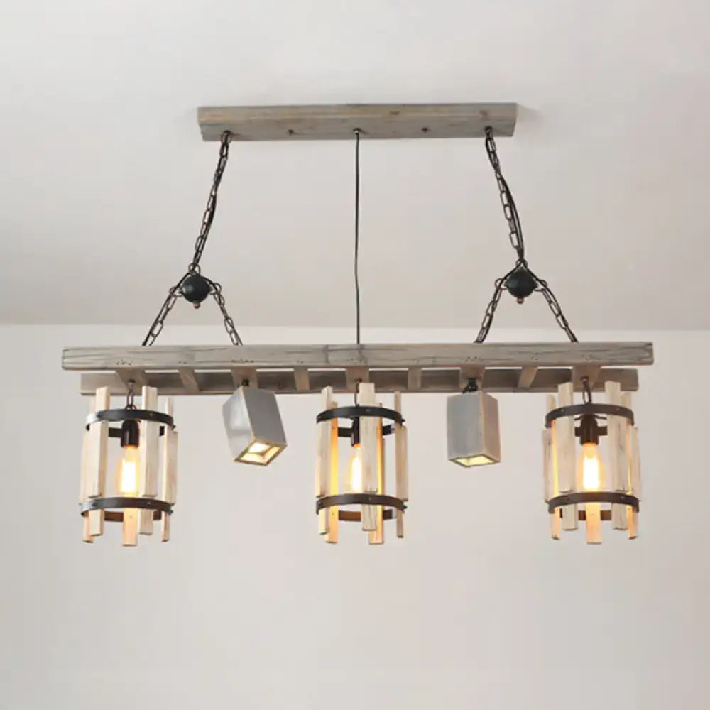 Rustic wood cylinder frame ceiling light dining room grey & brown