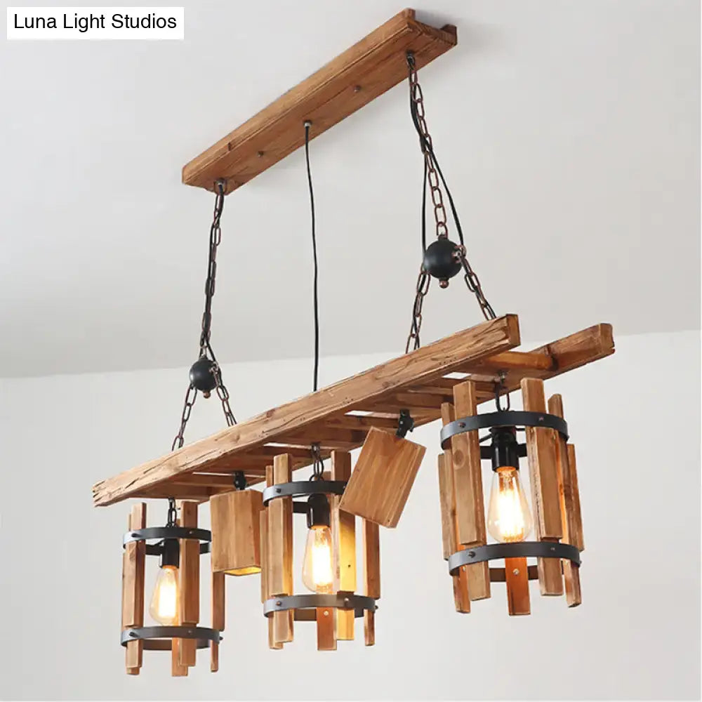 Rustic wood cylinder frame ceiling light dining room grey & brown