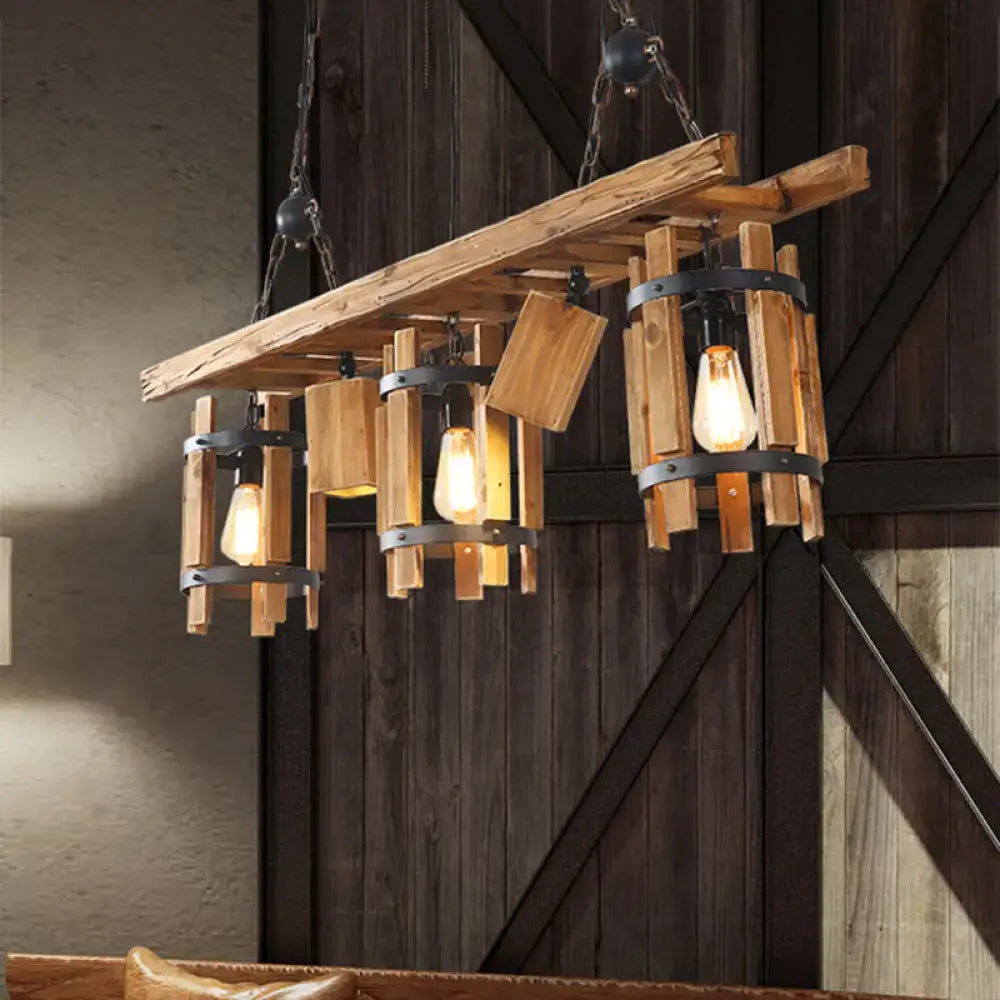 Rustic wood cylinder frame ceiling light dining room grey & brown