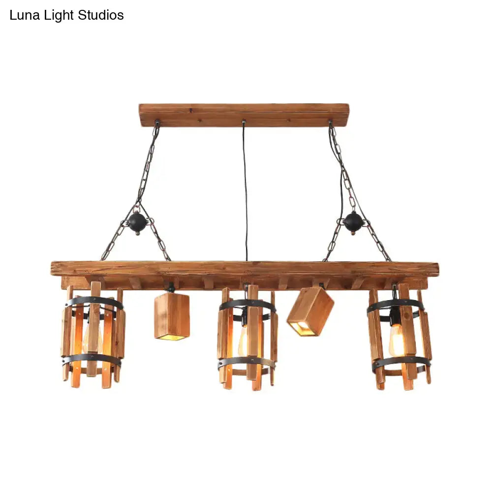 Rustic wood cylinder frame ceiling light dining room grey & brown