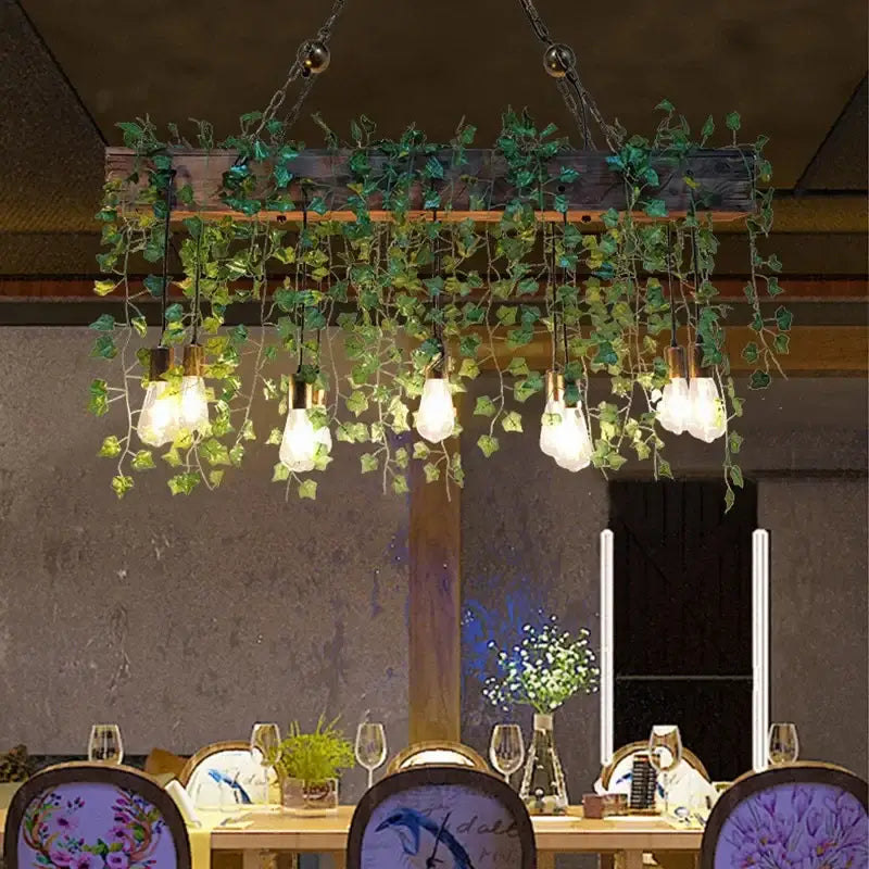 Rustic wood hanging chandeliers dining room planter with edison bulbs