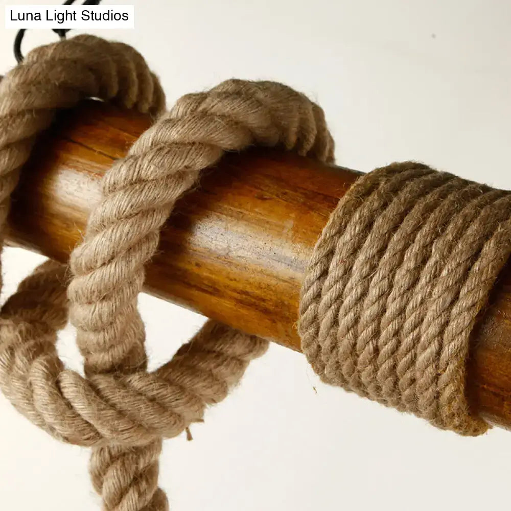 Rustic wooden beam and beige rope 3 light island pendant kitchen light