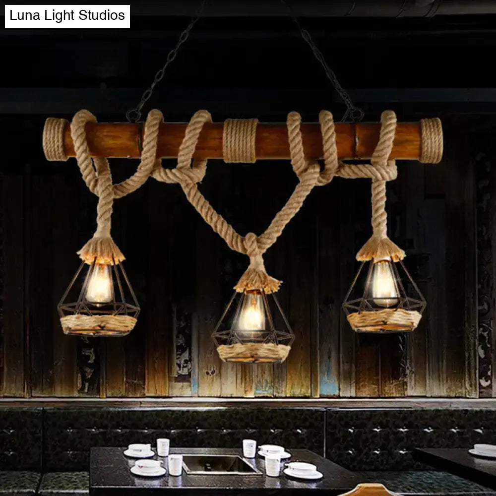 Rustic wooden beam and beige rope 3 light island pendant kitchen light