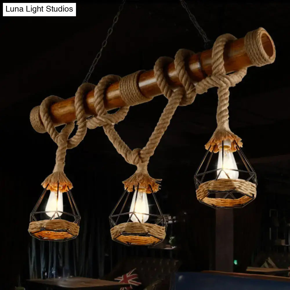 Rustic wooden beam and beige rope 3 light island pendant kitchen light