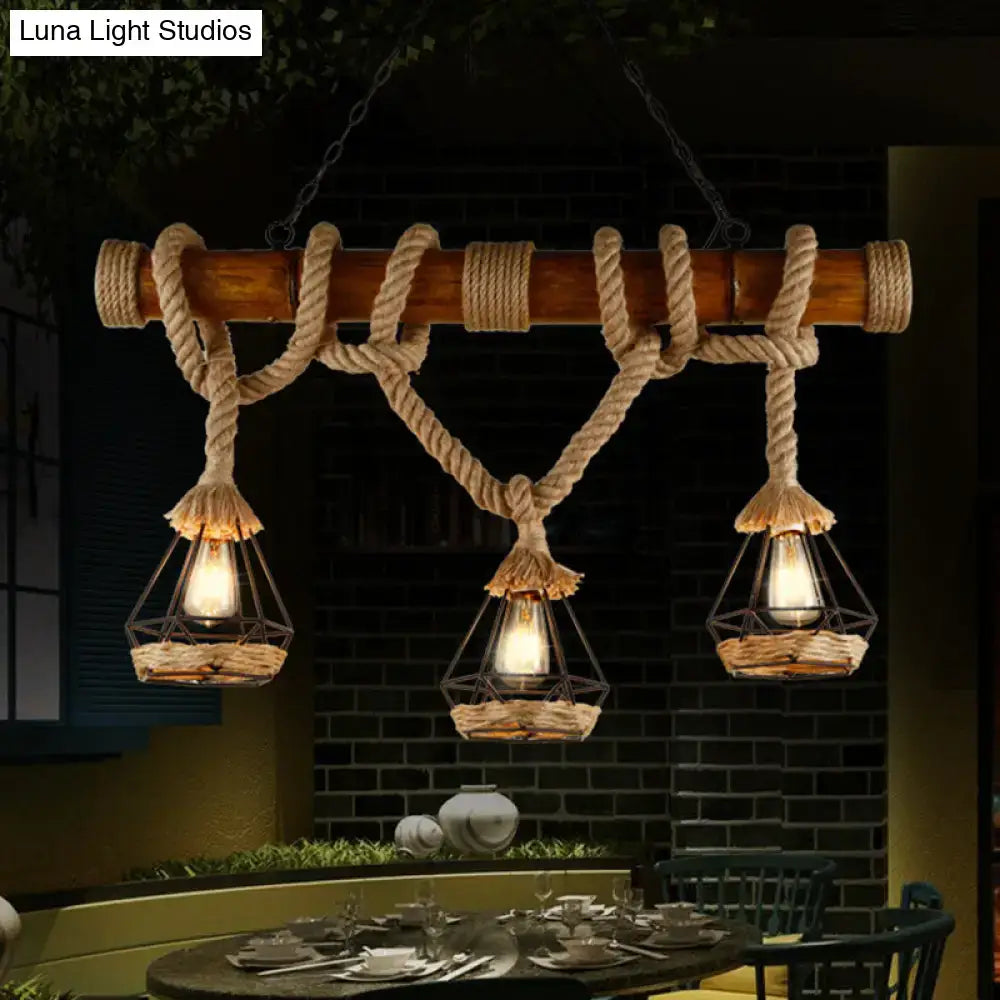 Rustic wooden beam and beige rope 3 light island pendant kitchen light