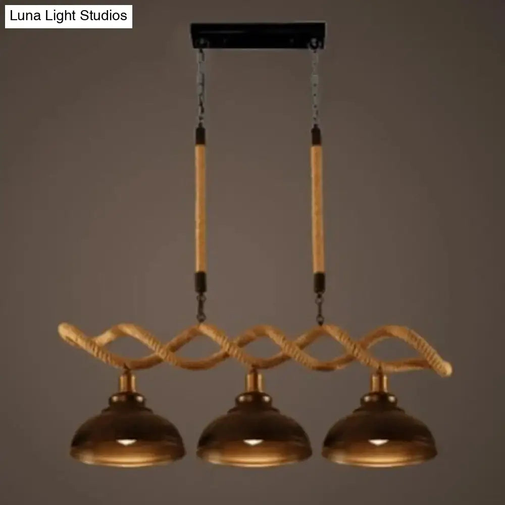 Rustic wooden beam and beige rope 3 light island pendant kitchen light