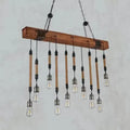 Rustic wooden beam island light with multiple exposed Edison bulbs and rope-wrapped cords in beige finish