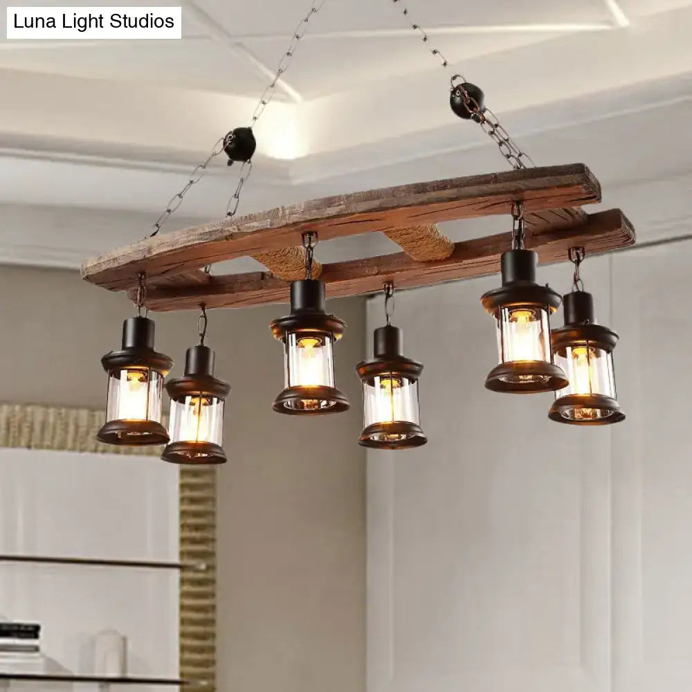 Rustic wooden board 6-light chandelier clear glass black dining room