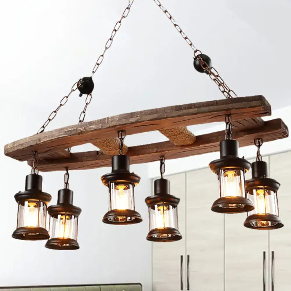 Rustic wooden board 6-light chandelier clear glass black dining room