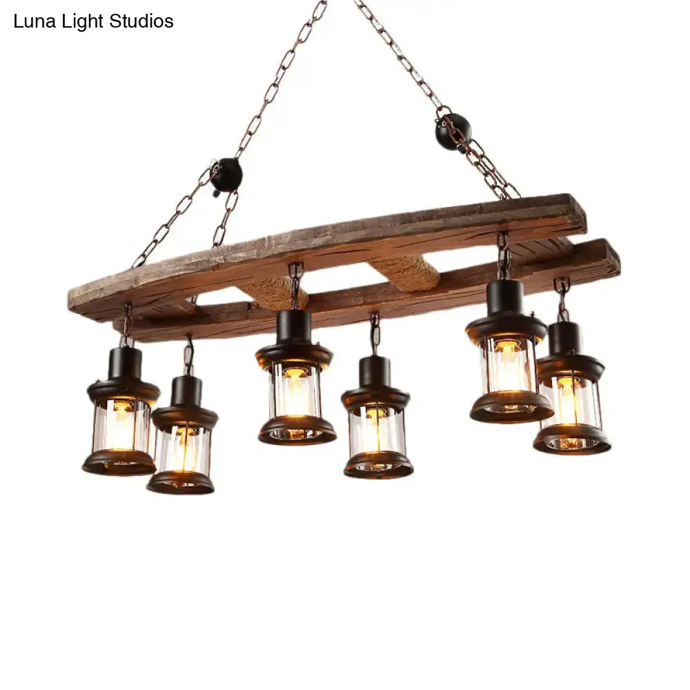 Rustic wooden board 6-light chandelier clear glass black dining room