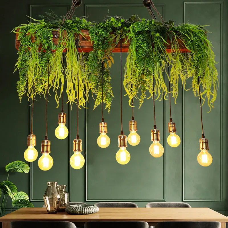 Rustic wooden fern deco edison bulb chandelier dining room light