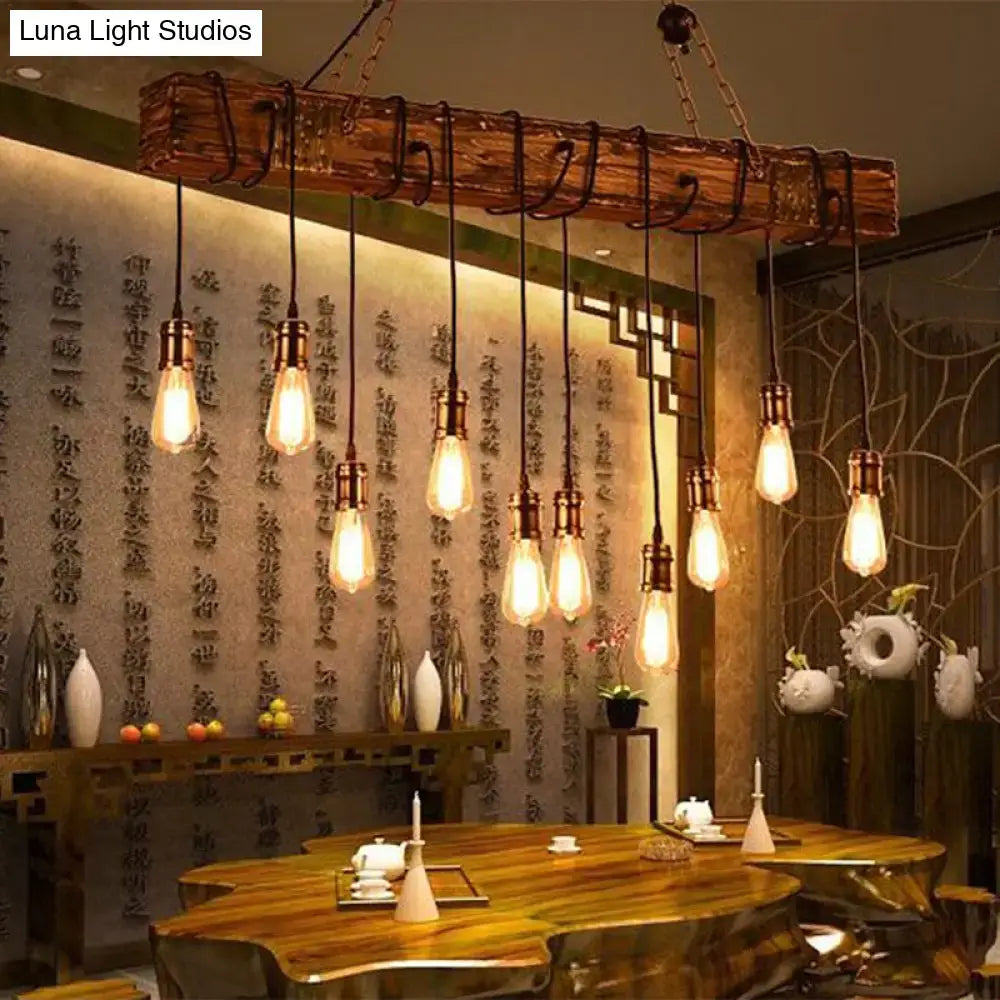 Rustic wooden linear dining room ceiling fixture with e26 e27 bulbs