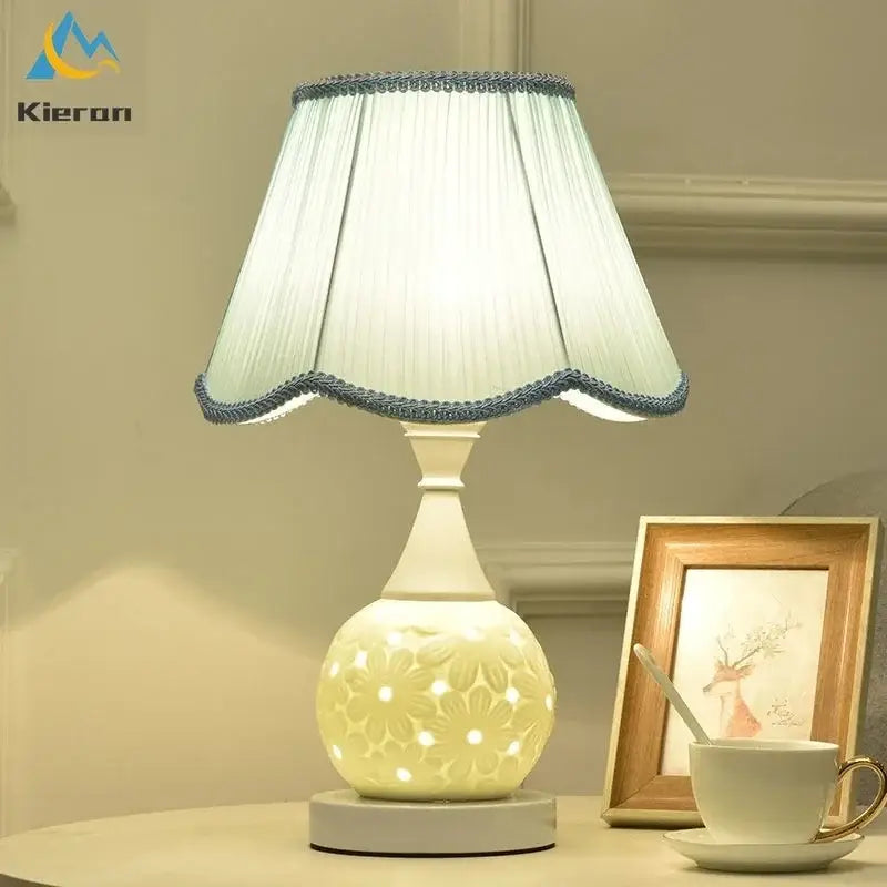Scalloped cream ceramic led desk lamp bedroom floral decor