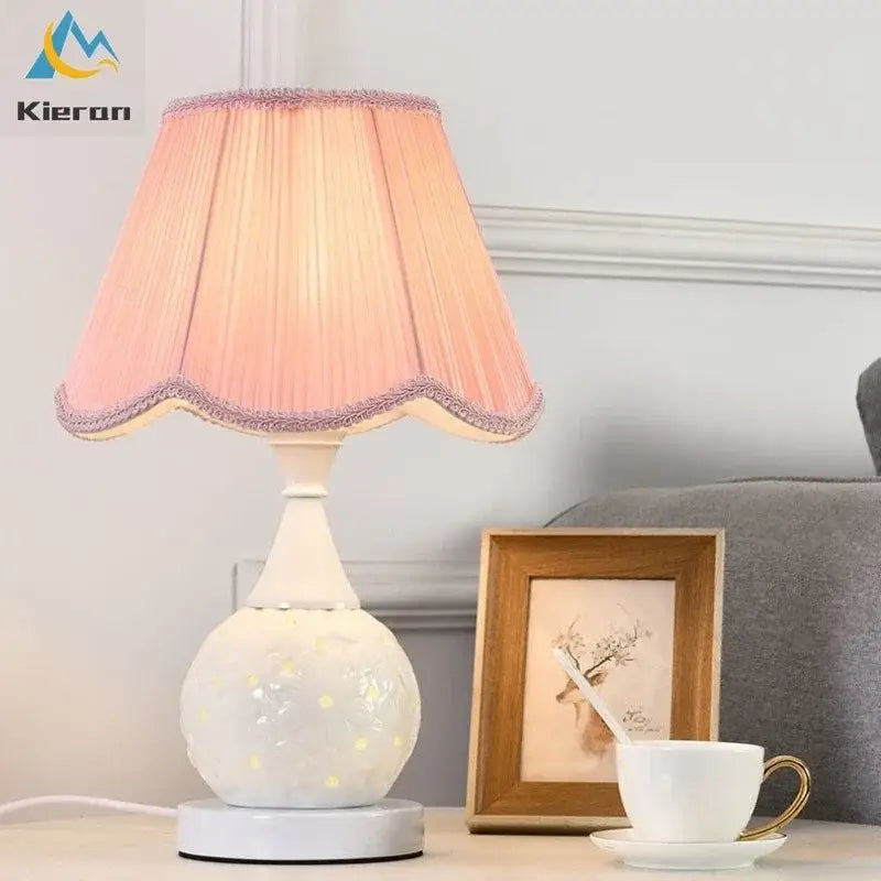 Scalloped cream ceramic led desk lamp bedroom floral decor