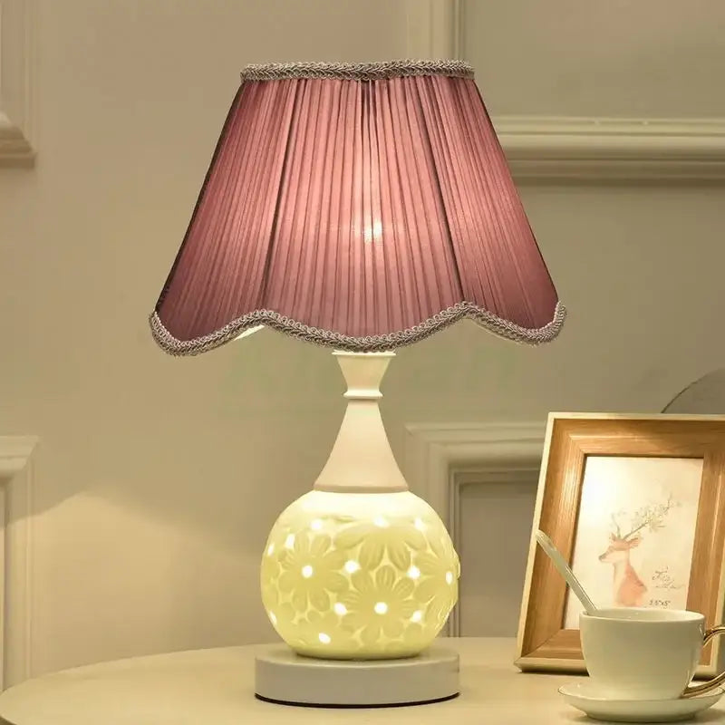 Scalloped cream ceramic led desk lamp bedroom floral decor