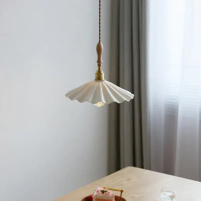 Scalloped white ceramic led pendant light bedroom wood and copper