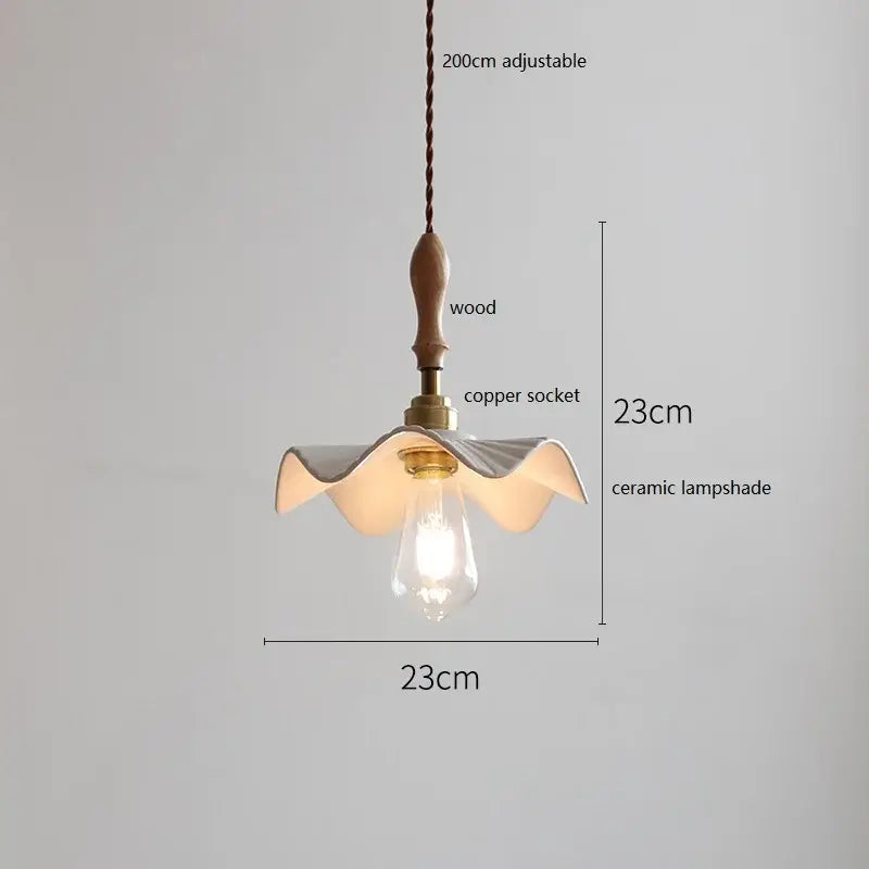 Scalloped white ceramic led pendant light bedroom wood and copper
