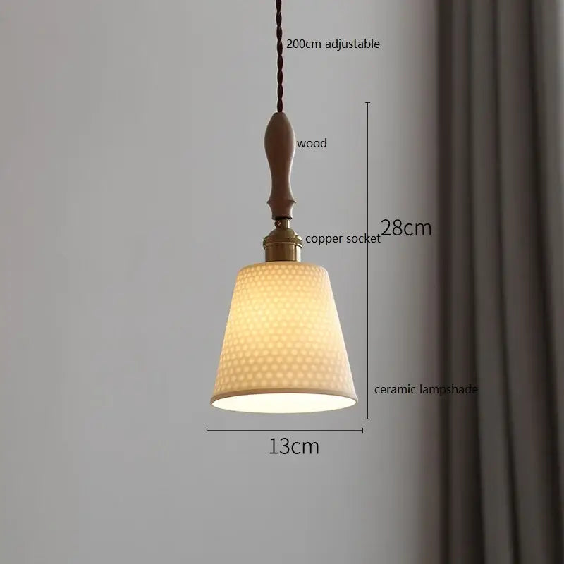 Scalloped white ceramic led pendant light bedroom wood and copper