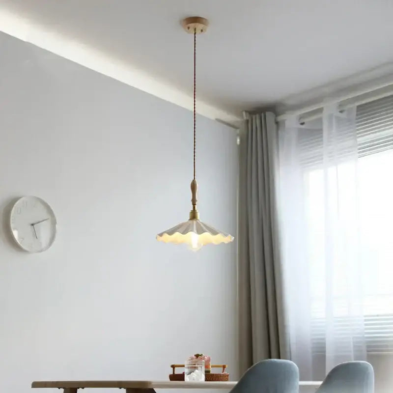 Scalloped white ceramic led pendant light bedroom wood and copper