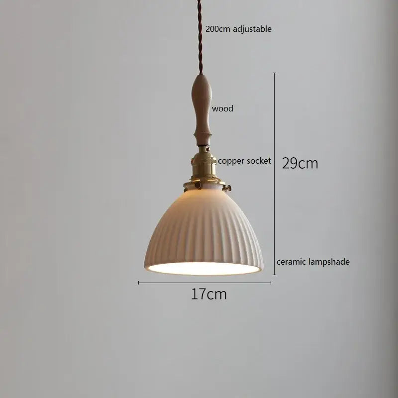 Scalloped white ceramic led pendant light bedroom wood and copper