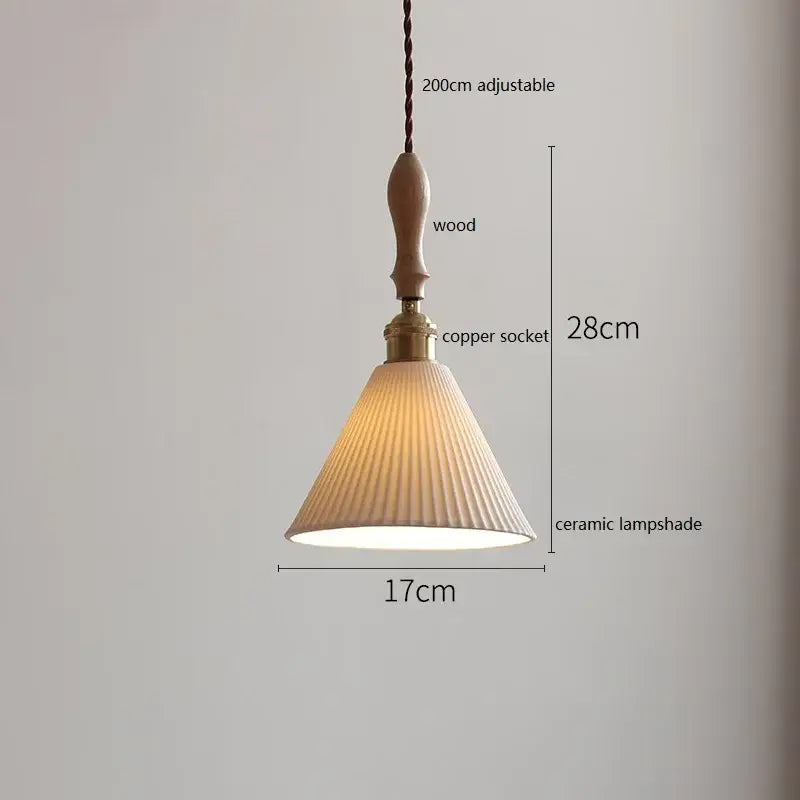Scalloped white ceramic led pendant light bedroom wood and copper