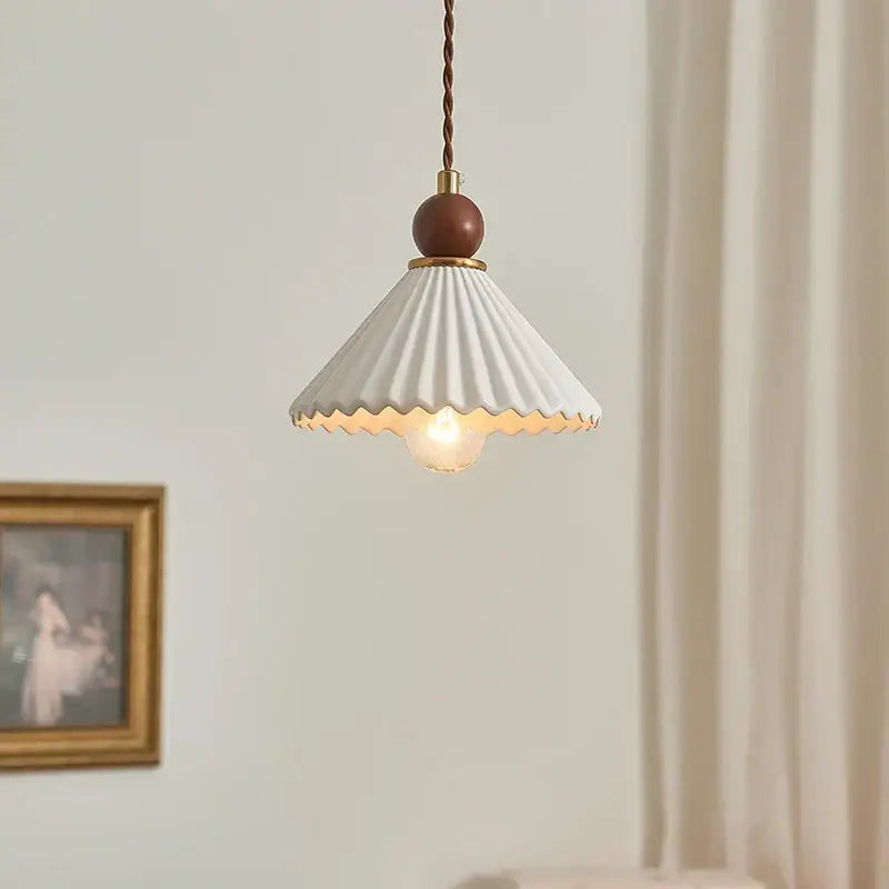 Scalloped white ceramic wood pendant lamp dining room hanging light
