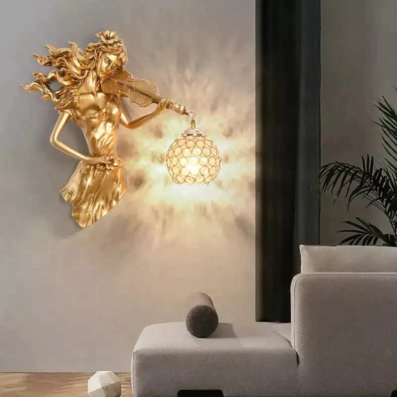 Sculptural gold violinist crystal wall lamp living room sconce