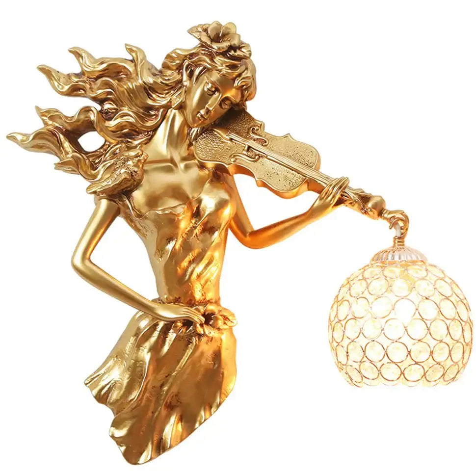 Sculptural gold violinist crystal wall lamp living room sconce