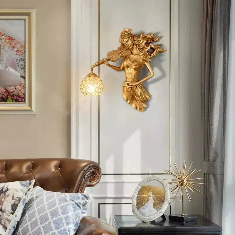 Sculptural gold violinist crystal wall lamp living room sconce