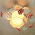 Shabby chic pink & green rose ruffle semi flush mount bedroom light