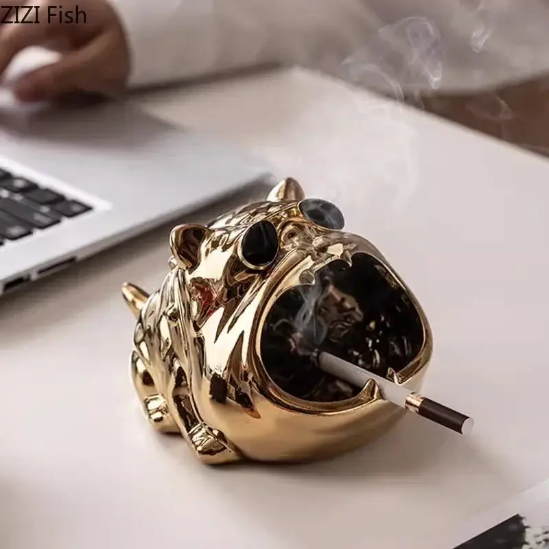 Silver bulldog ceramic ashtray – living room desktop accessory