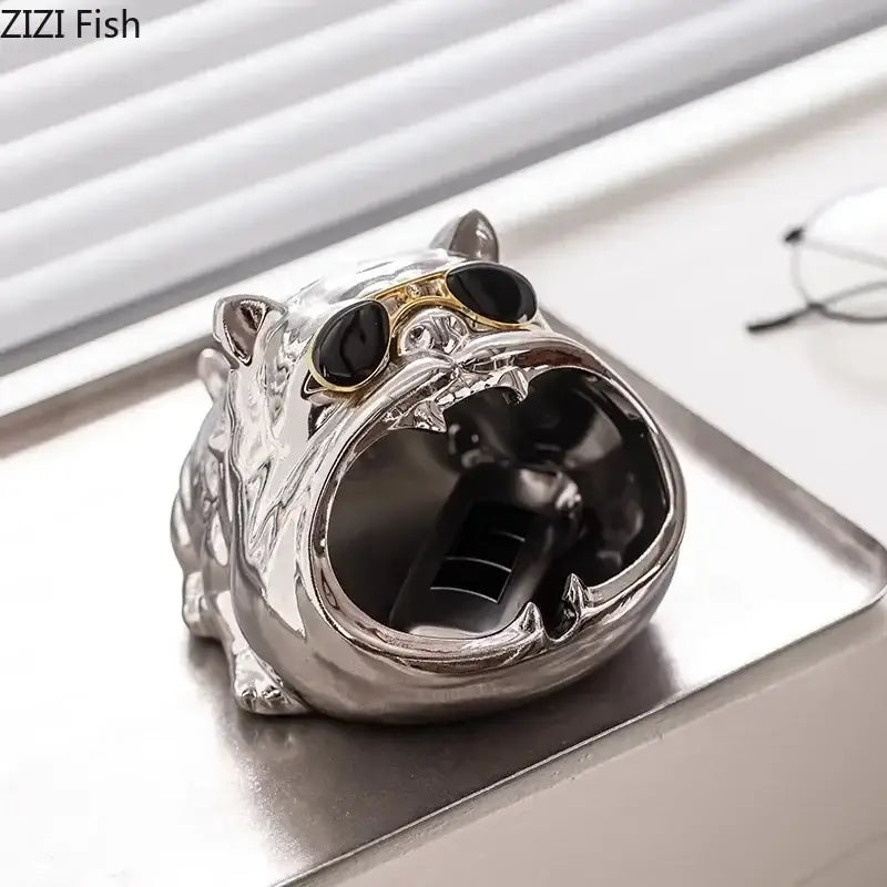 Silver bulldog ceramic ashtray – living room desktop accessory