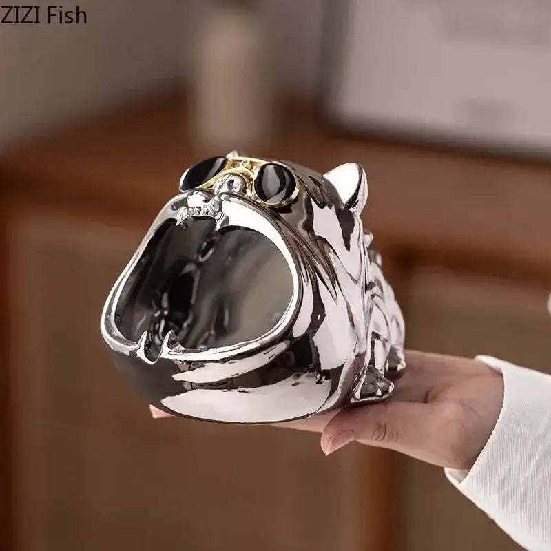 Silver bulldog ceramic ashtray – living room desktop accessory