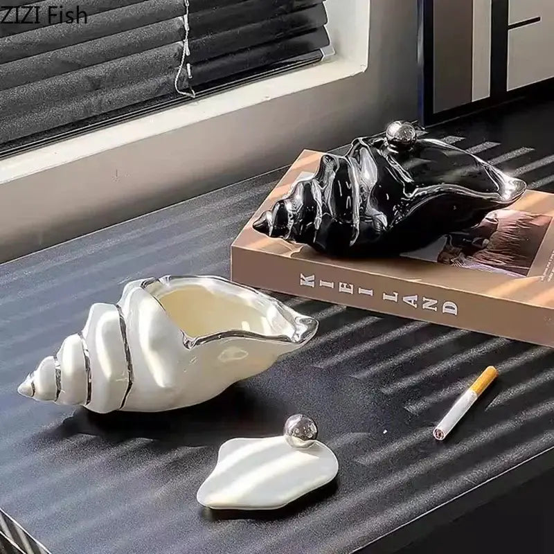 Silver white ceramic conch ashtray living room windproof shell decor
