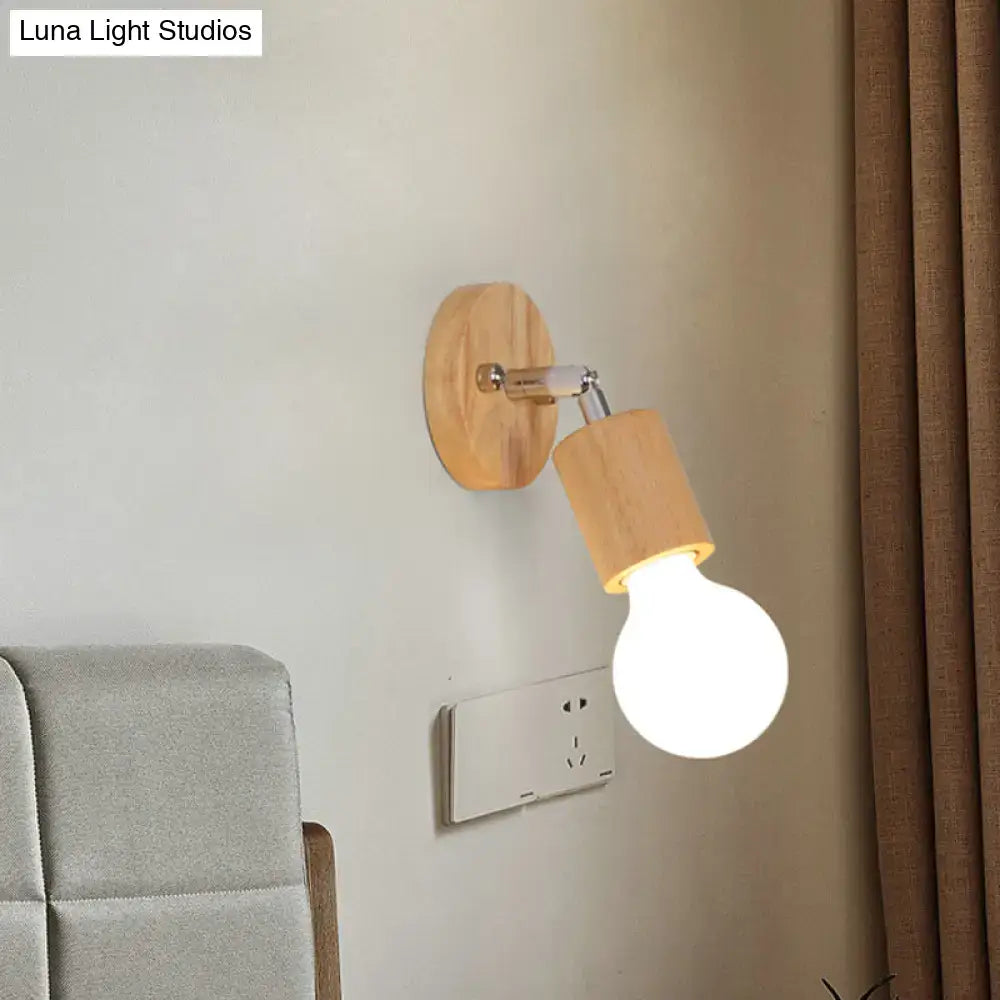Simplistic wood and chrome open bulb mini rotating sconce bedroom light