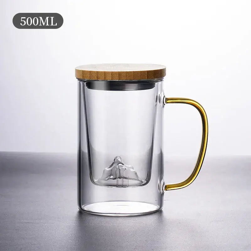 Sleek dark gray double walled glass tea cup with wooden lid kitchen