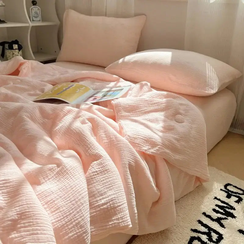 Soft peach cotton muslin cooling wrinkled yarn quilt – bedroom blanket