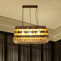 DecorBites southeast asian crystal drop rectangle living room pendant light with colorful stained glass and gold frame
