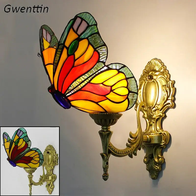 Stained glass butterfly wall sconces living room gold metalwork