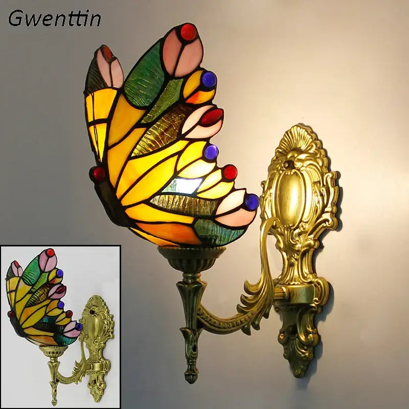Stained glass butterfly wall sconces living room gold metalwork