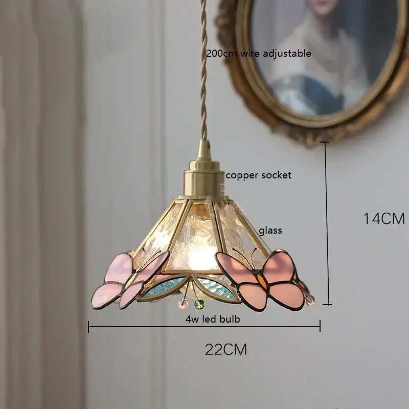 Stained glass floral pendant light for kitchen copper finish