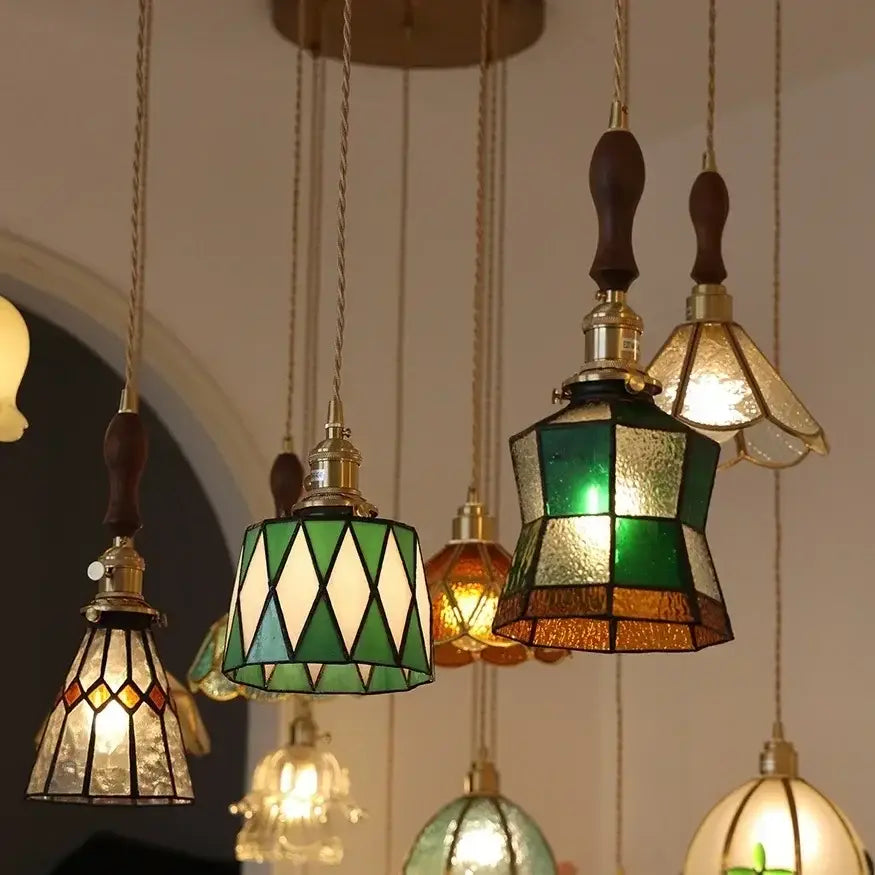 Stained glass floral pendant light for kitchen copper finish