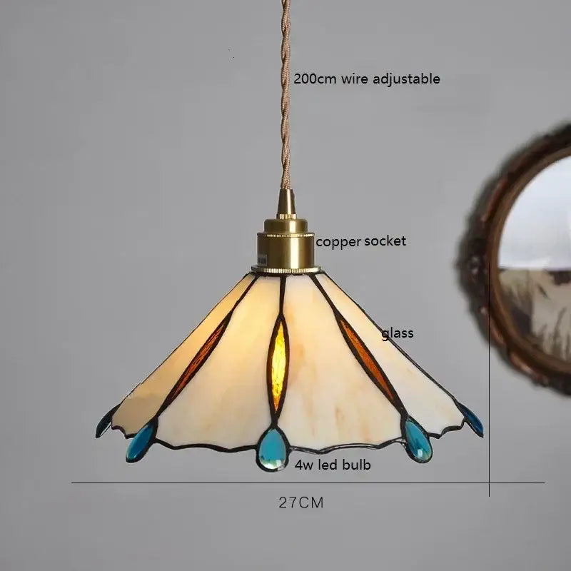 Stained glass floral pendant light for kitchen copper finish