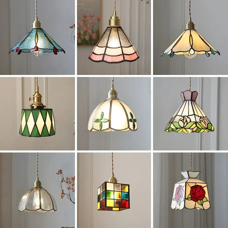Stained glass floral pendant light for kitchen copper finish