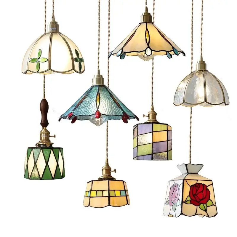 Stained glass floral pendant light for kitchen copper finish