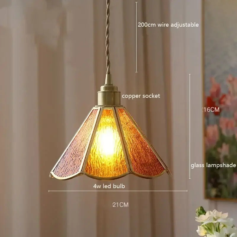 Stained glass floral pendant light for kitchen copper finish