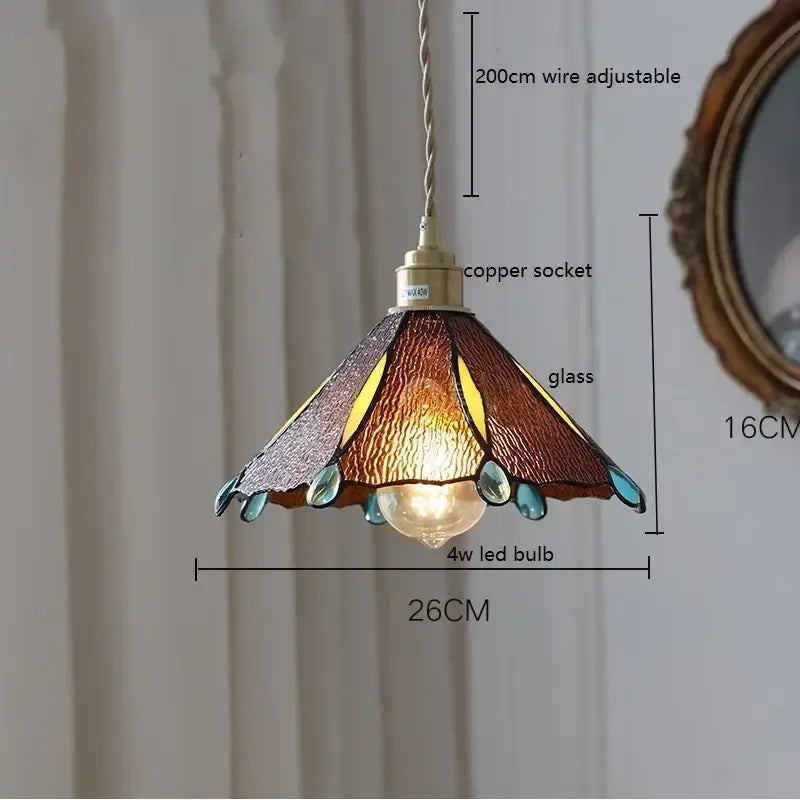 Stained glass floral pendant light for kitchen copper finish