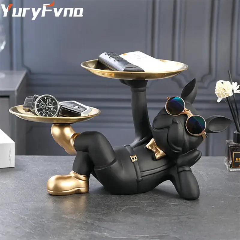 Stylish black & gold bulldog figurine sculpture living room decor tray