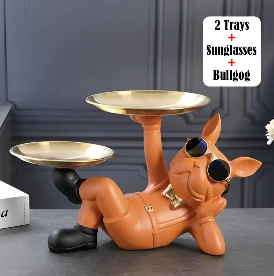 Stylish black & gold bulldog figurine sculpture living room decor tray