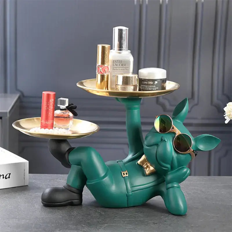 Stylish black & gold bulldog figurine sculpture living room decor tray